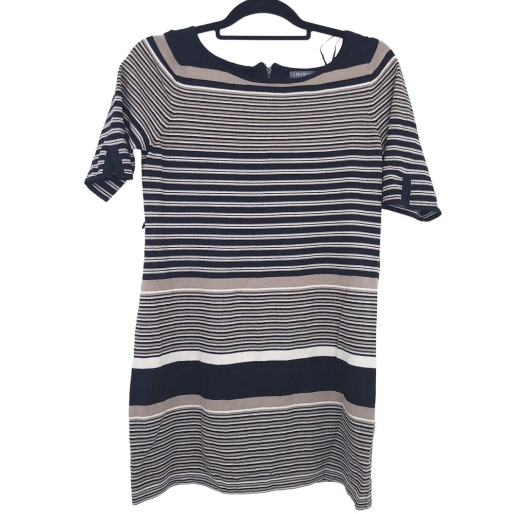 A Pea in the Pod Maternity Knit Sweater Medium Stripes Black, Tan, Short Sleeve